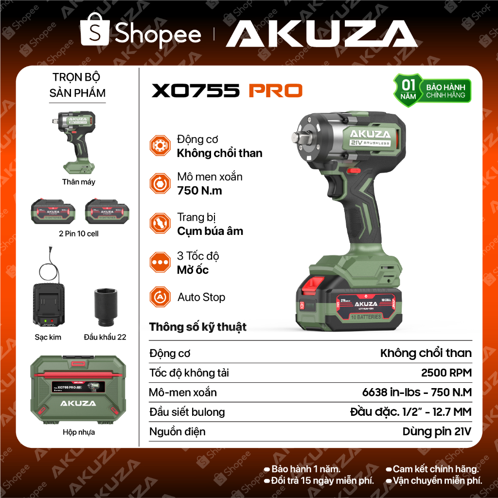 Bộ mở bulong AKUZA XO755PRO, động cơ không chổi than, momen xoắn 750NM, 3 tốc độ mở ốc , có chế độ auto stop