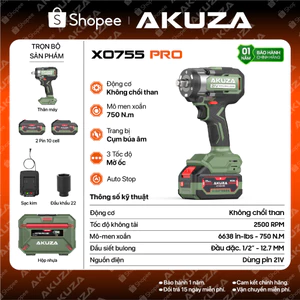 Bộ mở bulong AKUZA XO755PRO, động cơ không chổi than, momen xoắn 750NM, 3 tốc độ mở ốc , có chế độ auto stop