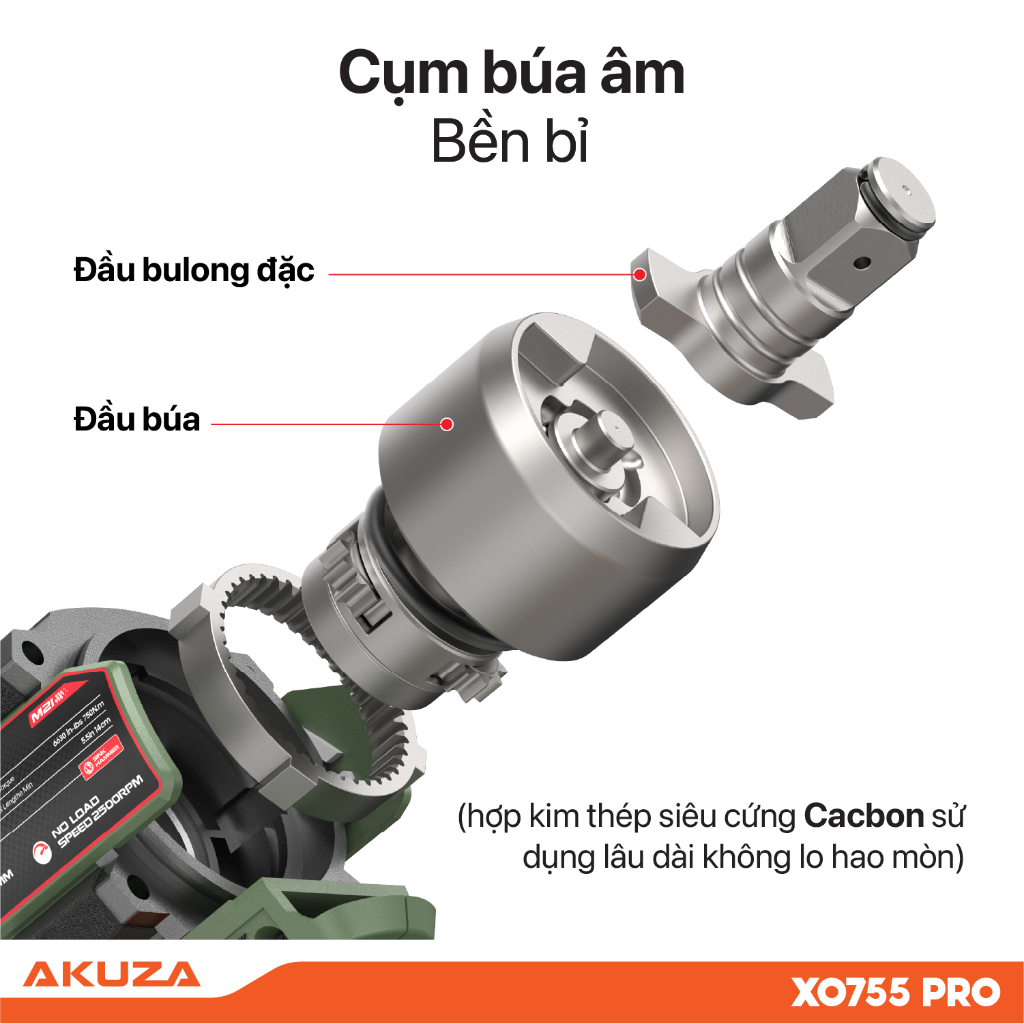 Bộ mở bulong AKUZA XO755PRO, động cơ không chổi than, momen xoắn 750NM, 3 tốc độ mở ốc , có chế độ auto stop