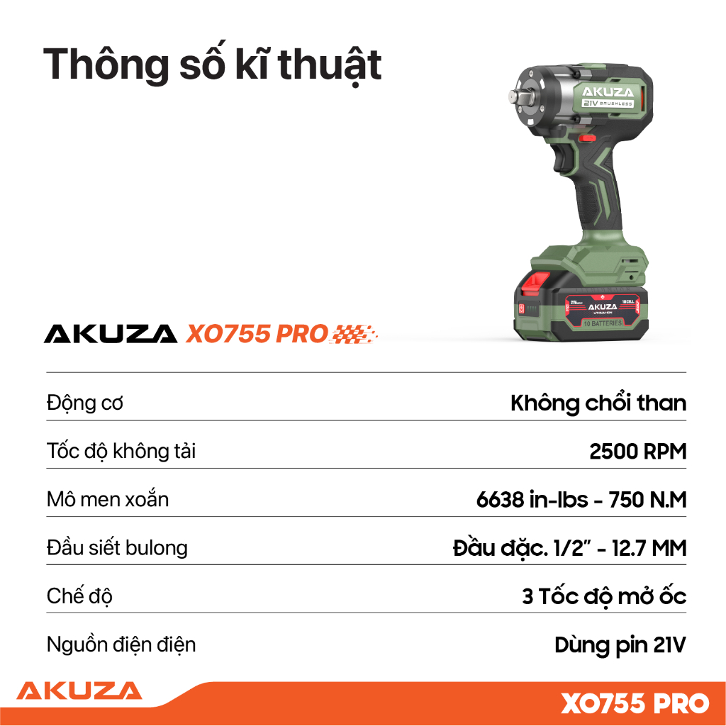 Bộ mở bulong AKUZA XO755PRO, động cơ không chổi than, momen xoắn 750NM, 3 tốc độ mở ốc , có chế độ auto stop