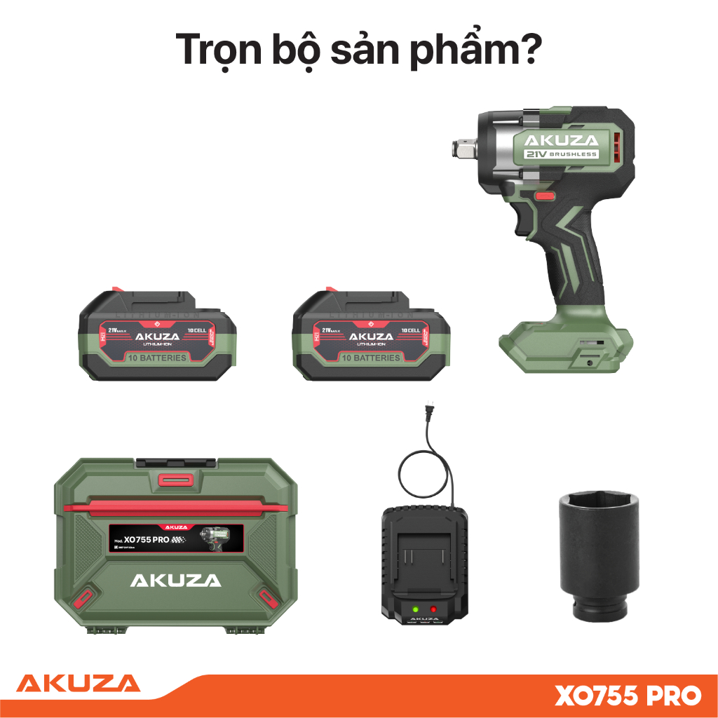 Bộ mở bulong AKUZA XO755PRO, động cơ không chổi than, momen xoắn 750NM, 3 tốc độ mở ốc , có chế độ auto stop