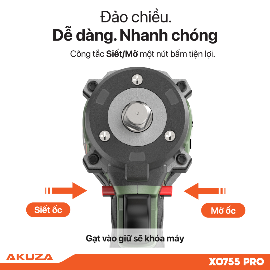 Bộ mở bulong AKUZA XO755PRO, động cơ không chổi than, momen xoắn 750NM, 3 tốc độ mở ốc , có chế độ auto stop