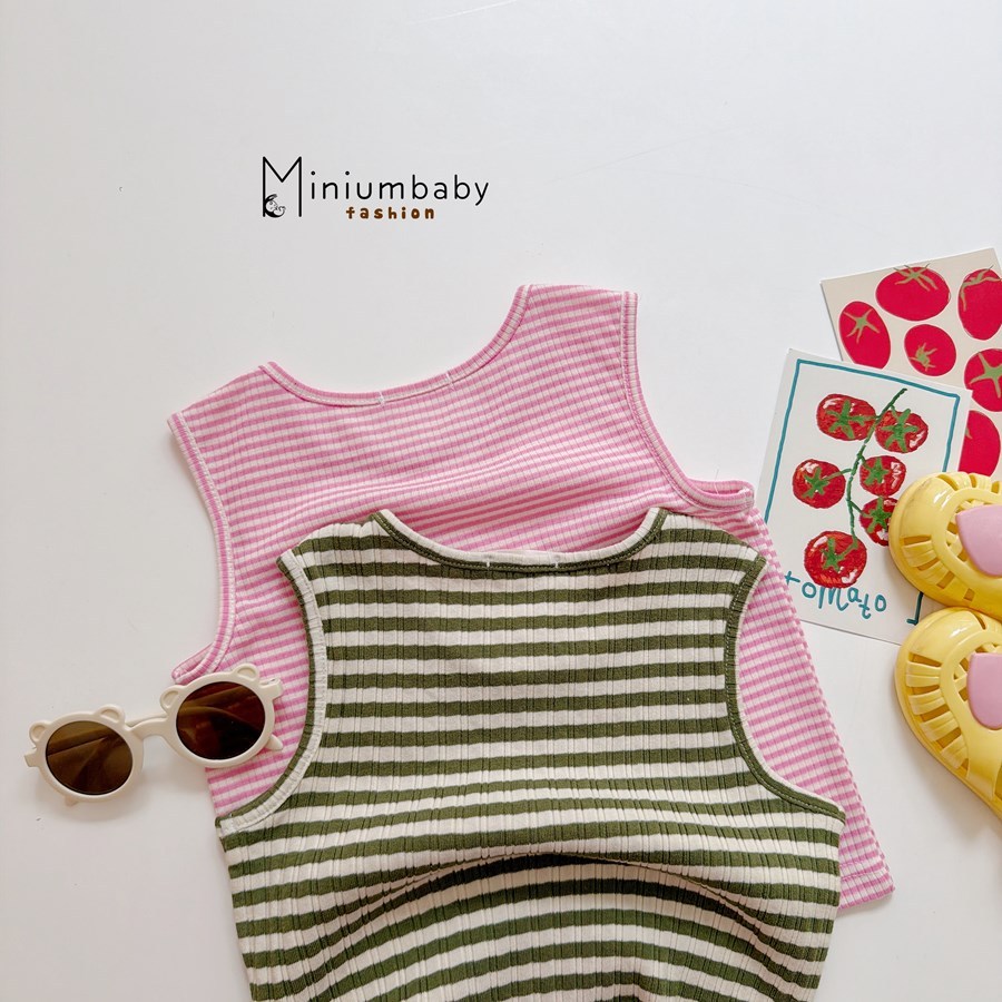 Set bộ sát nách bé gái Miniumbaby viền đính nơ mix quần suông, chất áo cotton mềm thoáng khí SB2757