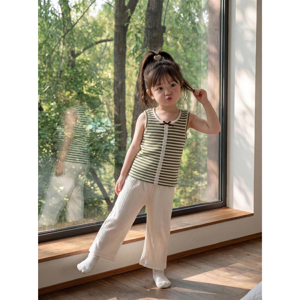 Set bộ sát nách bé gái Miniumbaby viền đính nơ mix quần suông, chất áo cotton mềm thoáng khí SB2757