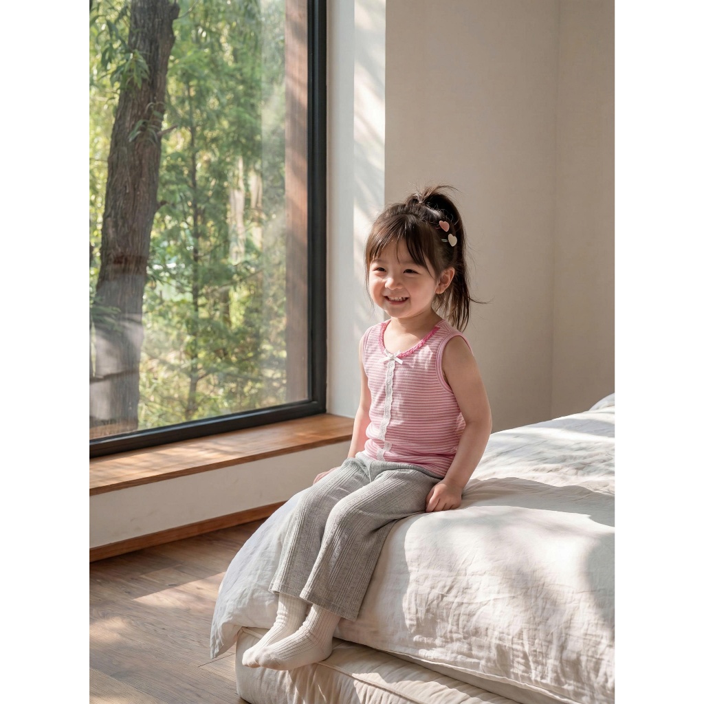 Set bộ sát nách bé gái Miniumbaby viền đính nơ mix quần suông, chất áo cotton mềm thoáng khí SB2757