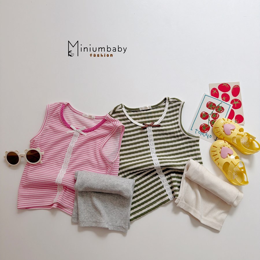 Set bộ sát nách bé gái Miniumbaby viền đính nơ mix quần suông, chất áo cotton mềm thoáng khí SB2757