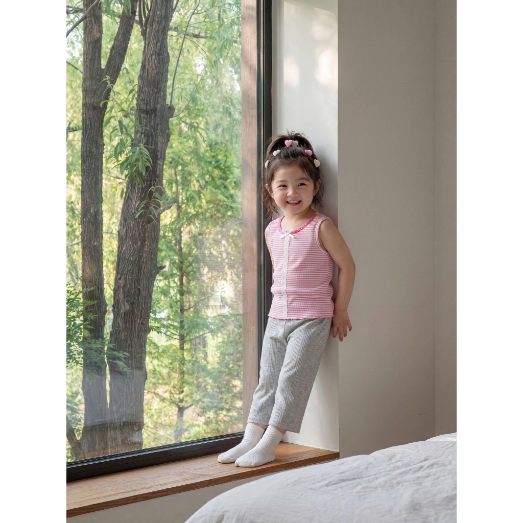 Set bộ sát nách bé gái Miniumbaby viền đính nơ mix quần suông, chất áo cotton mềm thoáng khí SB2757