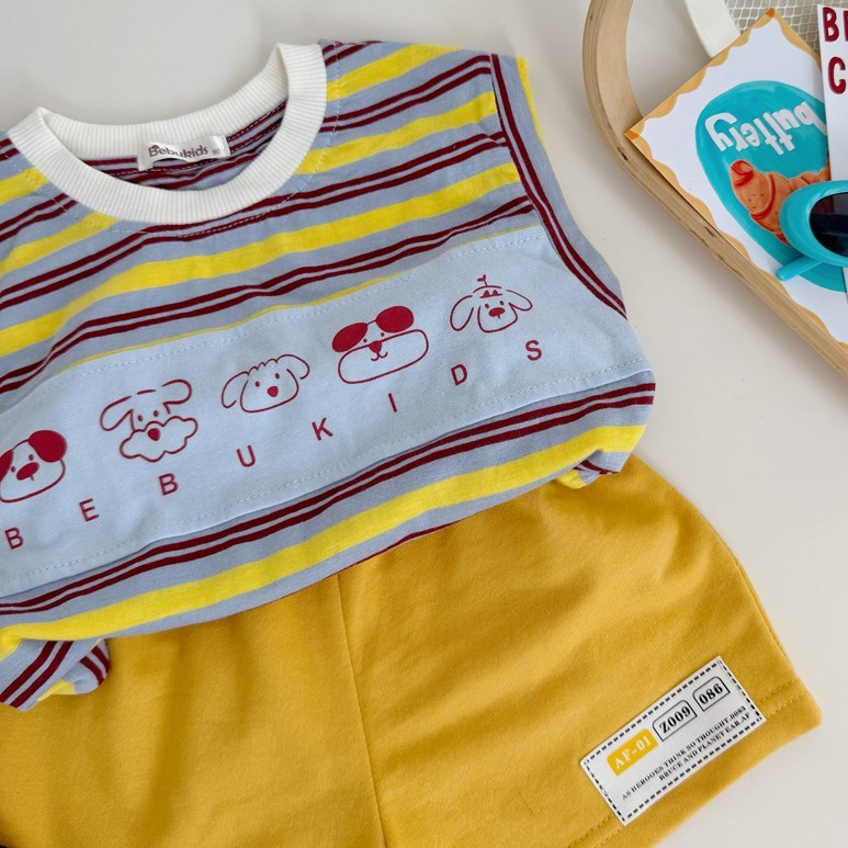 Set bộ cộc tay bé trai 1-6 tuổi Miniumbaby hoạ tiết kẻ cún dễ thương, chất vải cotton mềm mát SB2800