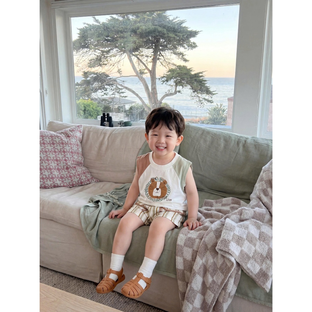 Set bộ cộc tay bé trai Miniumbaby hình sư tử chibi mix màu, chất vải áo cotton mềm thoáng mát SB2654