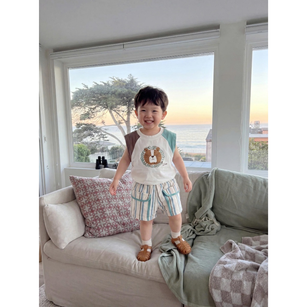 Set bộ cộc tay bé trai Miniumbaby hình sư tử chibi mix màu, chất vải áo cotton mềm thoáng mát SB2654