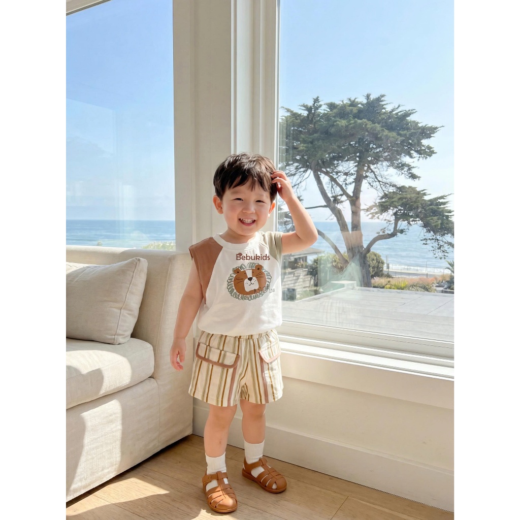 Set bộ cộc tay bé trai Miniumbaby hình sư tử chibi mix màu, chất vải áo cotton mềm thoáng mát SB2654