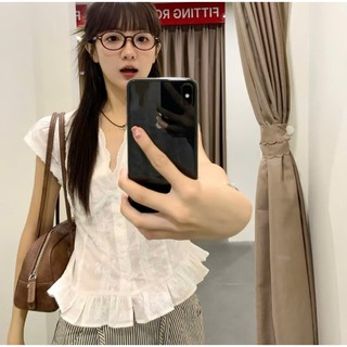 Áo ren tay hến cổ V chất thô boill xẻ ngực xinh xắn LAVIAN A154