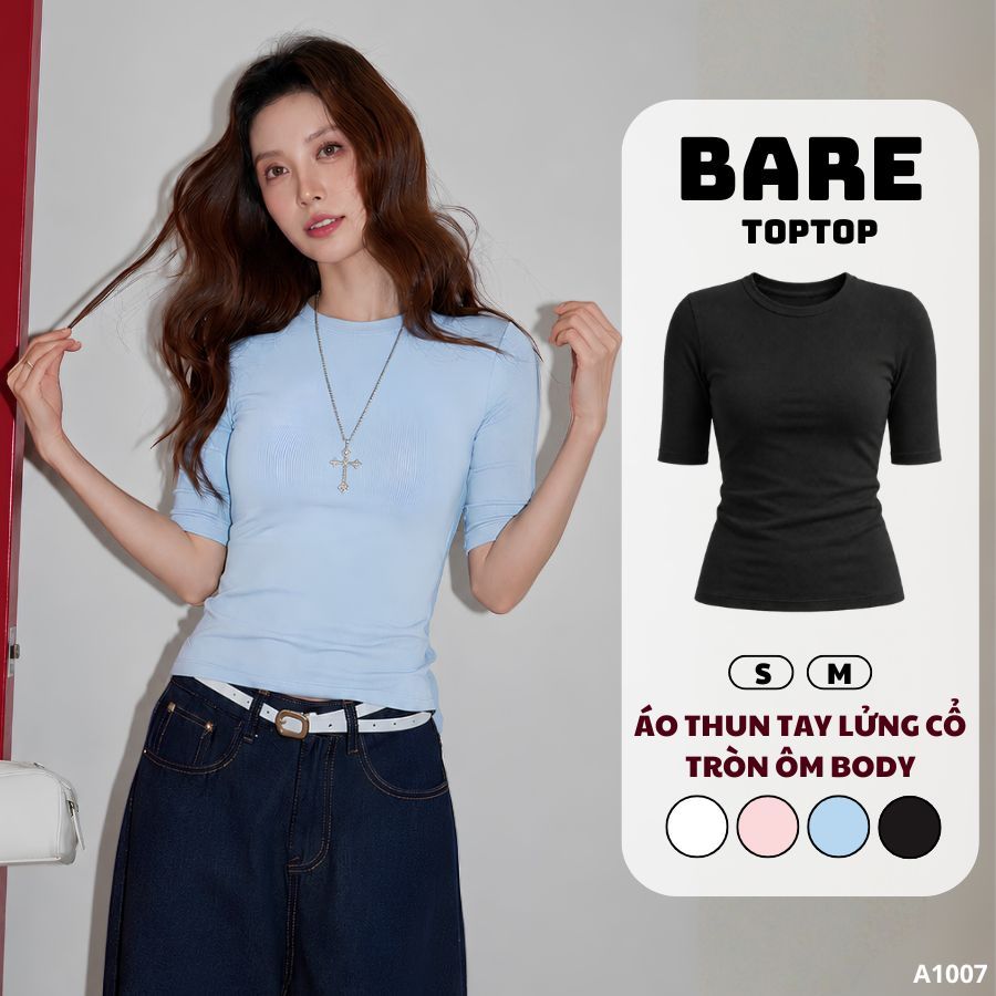 BARETOPTOP_Áo Thun Nữ Tay Lửng Ôm Body, Áo Thun Basic Cổ Tròn Co Giãn Tôn Dáng Dễ Phối Đồ_A1008