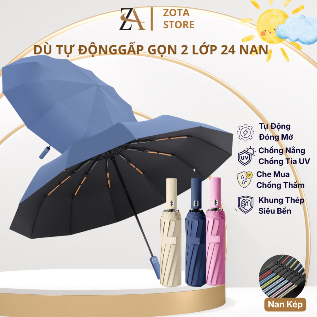 Ô Dù Che Mưa Che Nắng Tự Động, Ô Gấp Gọn Cầm Tay Đóng Mở 2 Chiều, Chống Lật Và Cản UV
