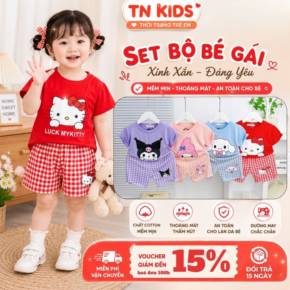[Bé 9-32kg] Bộ Ngắn Tay In Hình Phối Quần Caro Thun Lạnh Mềm Mịn Mát Cho Bé Gái Mặc Đi Học, Đi Chơi