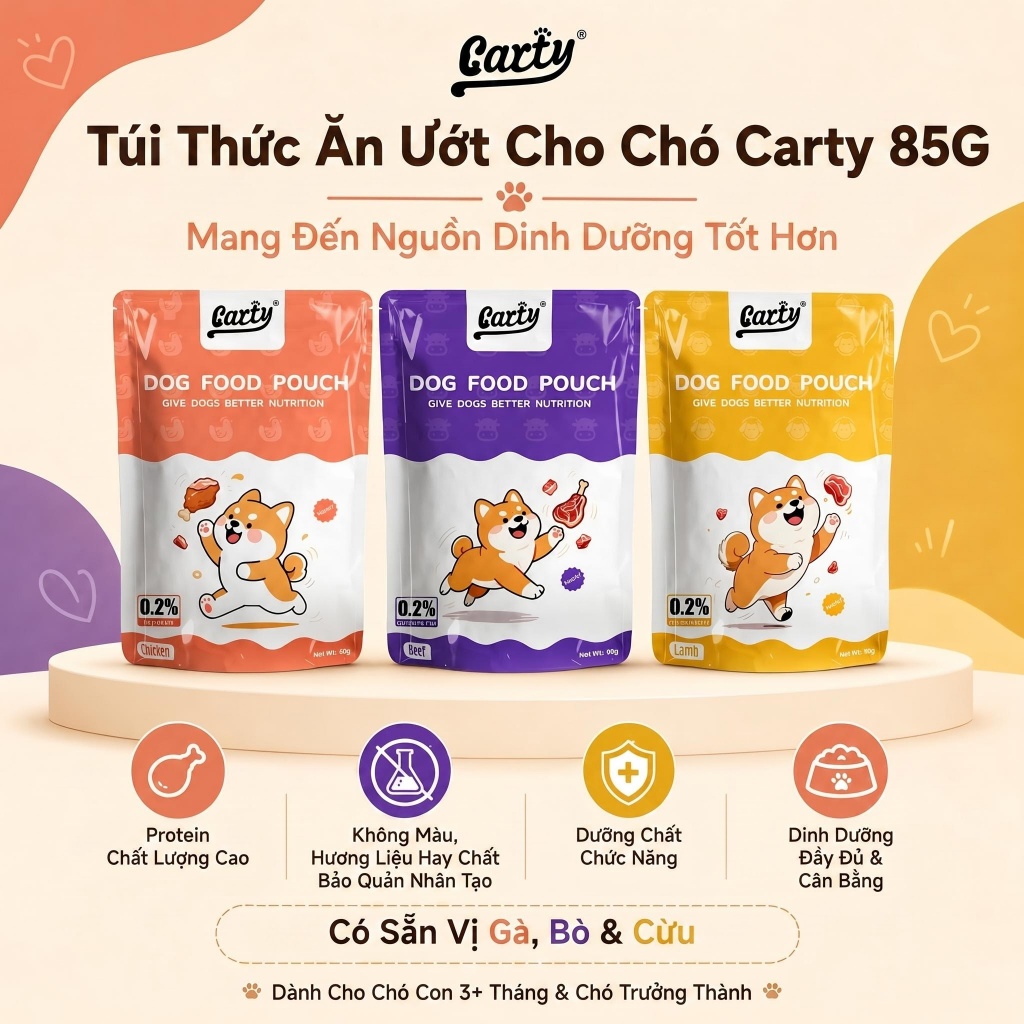 Carty-Pate Cho Chó 85g Vị Bò, Cừu, Gà - Thức Ăn Ướt Cho Chó Con & Chó Thành Niên