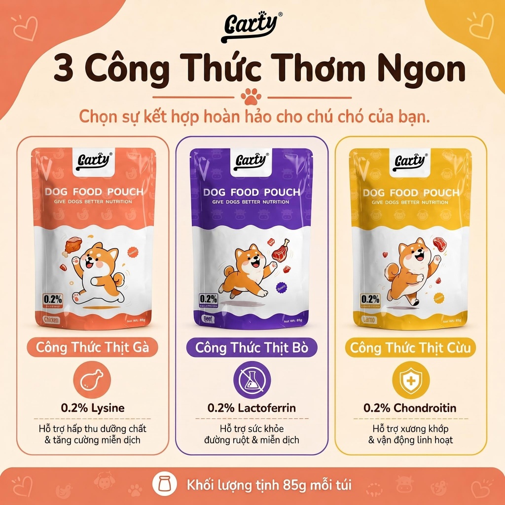 Carty-Pate Cho Chó 85g Vị Bò, Cừu, Gà - Thức Ăn Ướt Cho Chó Con & Chó Thành Niên