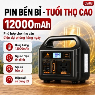 Máy Phát Điện Năng Lượng Mặt Trời 300W, Trạm Điện Di Động 12000mAh, AC 220V USB Type-C DC12V, Đèn LED