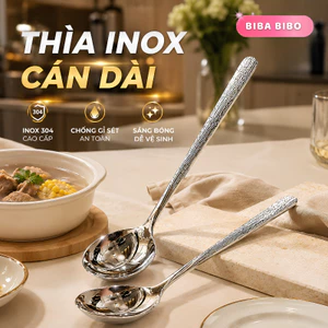 Thìa muỗng inox ăn súp màu bạc thiết kế tay cầm dài kiểu dáng hàn quốc 19.8cm Bibabibo