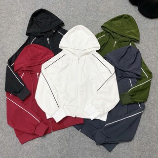 Áo khoác nữ Bigsize lửng tay dài kèm mũ sọc trắng kéo dài 2 bên cánh tay chất poly mềm mát xinh xắn trẻ trung - KHOAC14
