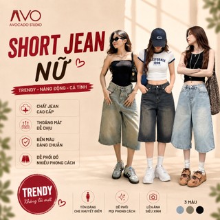 Quần Short Jeans Bò Ngố Dáng Lửng Ống Rộng Avo Avocado Wash Màu Retro Chất Vải Cotton Dài Qua Gối Unisex