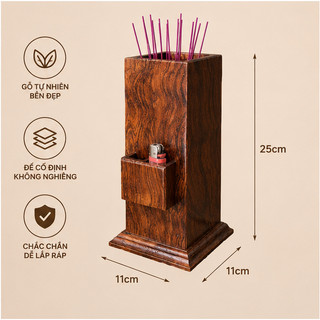 Ống Đựng Nhang Gỗ Đinh, Cẩm Chạm Khắc Tinh Xảo – Tích Hợp Hộp Quẹt – Phụ Kiện Bàn Thờ Phong Thủy