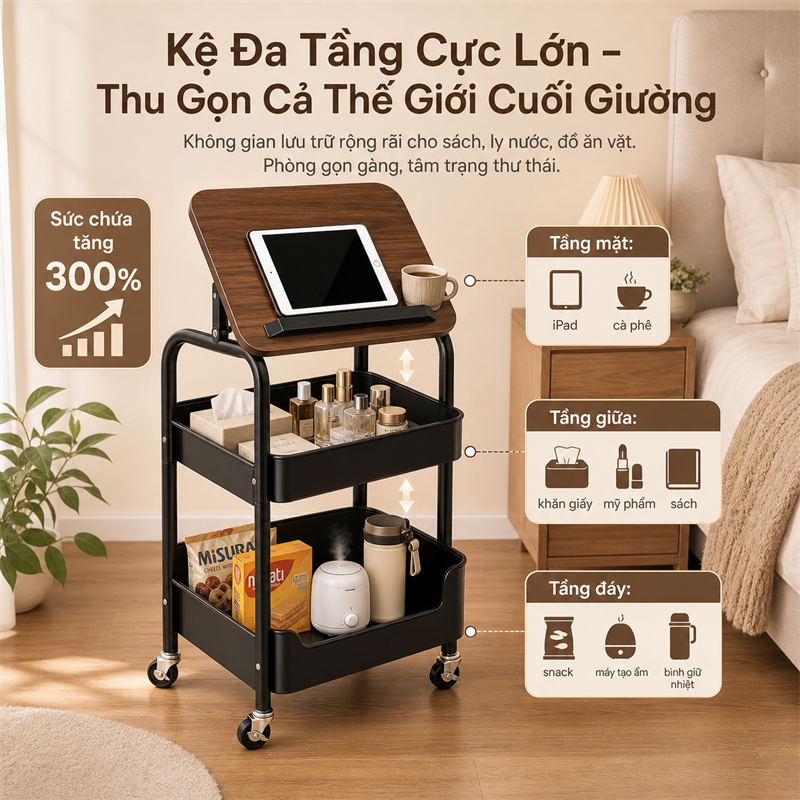 Xe Đẩy Spa 3 Tầng [Khung thép cacbon + giỏ] Kệ đựng đồ đa năng phòng ngủ Kệ Để Đồ Có bánh xe