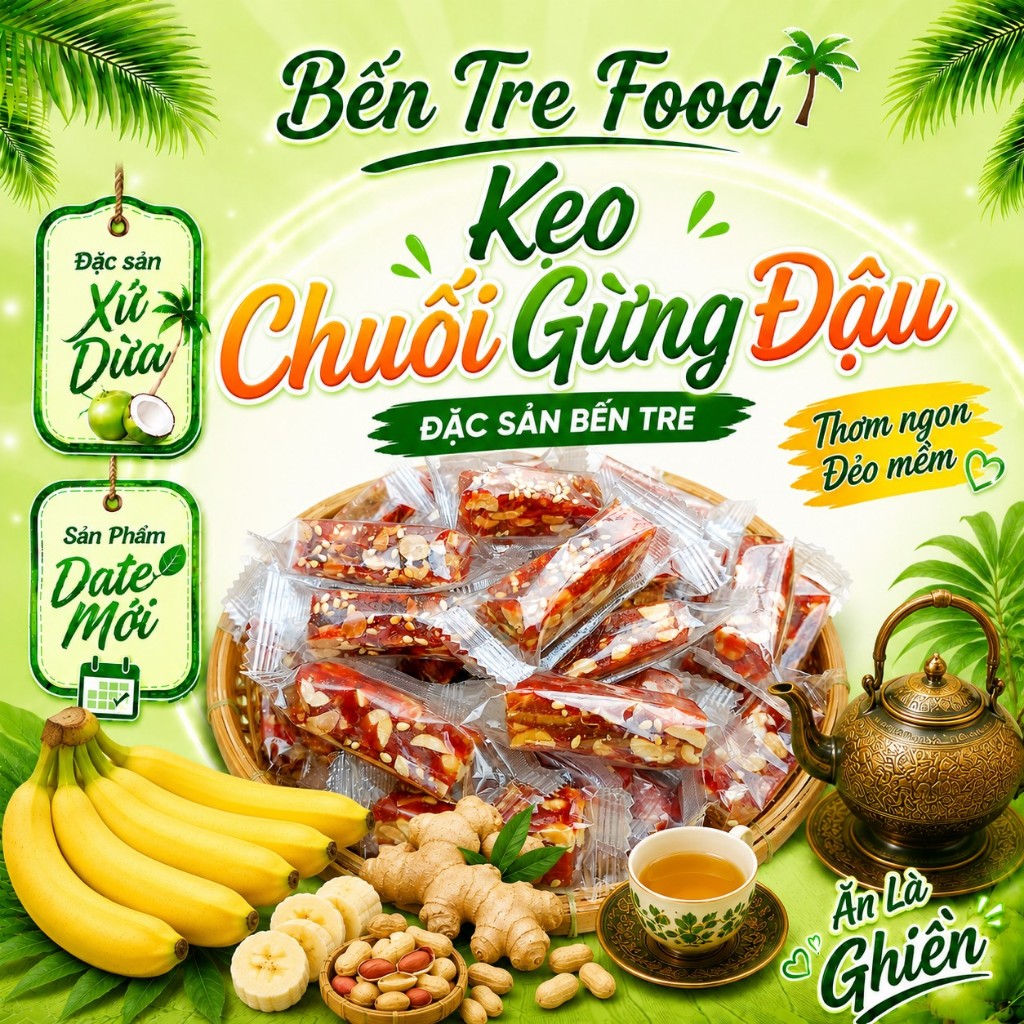 Kẹo chuối gừng cốt dừa đậu phộng Bến Tre đóng máy túi zip