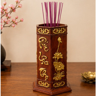 Ống lọ đựng cắm nhang hình lục giác gỗ hương đá chạm khắc chữ Phúc Lộc Thọ. Đồ gỗ phong thuỷ cao cấp