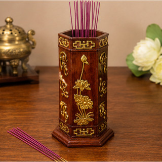 Ống lọ đựng cắm nhang hình lục giác gỗ hương đá chạm khắc chữ Phúc Lộc Thọ. Đồ gỗ phong thuỷ cao cấp