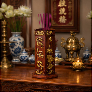 Ống lọ đựng cắm nhang hình lục giác gỗ hương đá chạm khắc chữ Phúc Lộc Thọ. Đồ gỗ phong thuỷ cao cấp