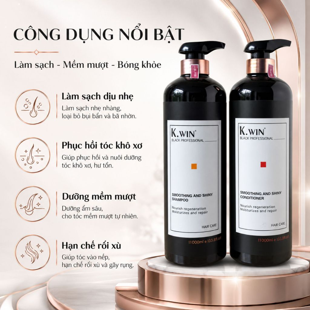 Bộ Dầu Gội Xả K.WIN Black Professional 650ml/1000ml Cho Tóc Khô Xơ, Hư Tổn, Dưỡng Mềm Mượt Bóng Khỏe