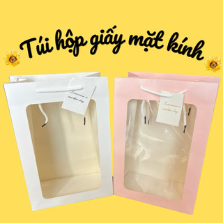 Set 10 Túi giấy mặt kính 18x13x25cm đựng quà, đựng hoa, trà tặng - túi giấy có dây xách đủ 2 màu Trắng Hồng