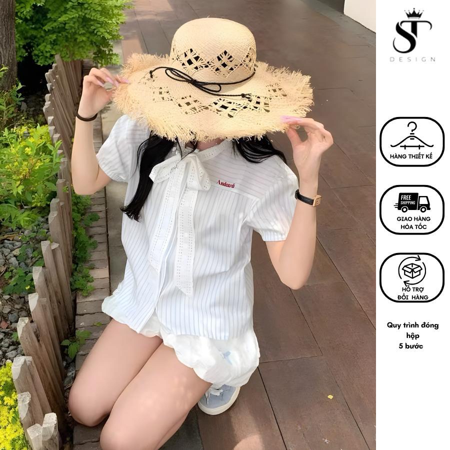 Áo sơ mi kẻ cộc tay hottrend nơ ren thêu chữ Andeardi - ST Design - k72