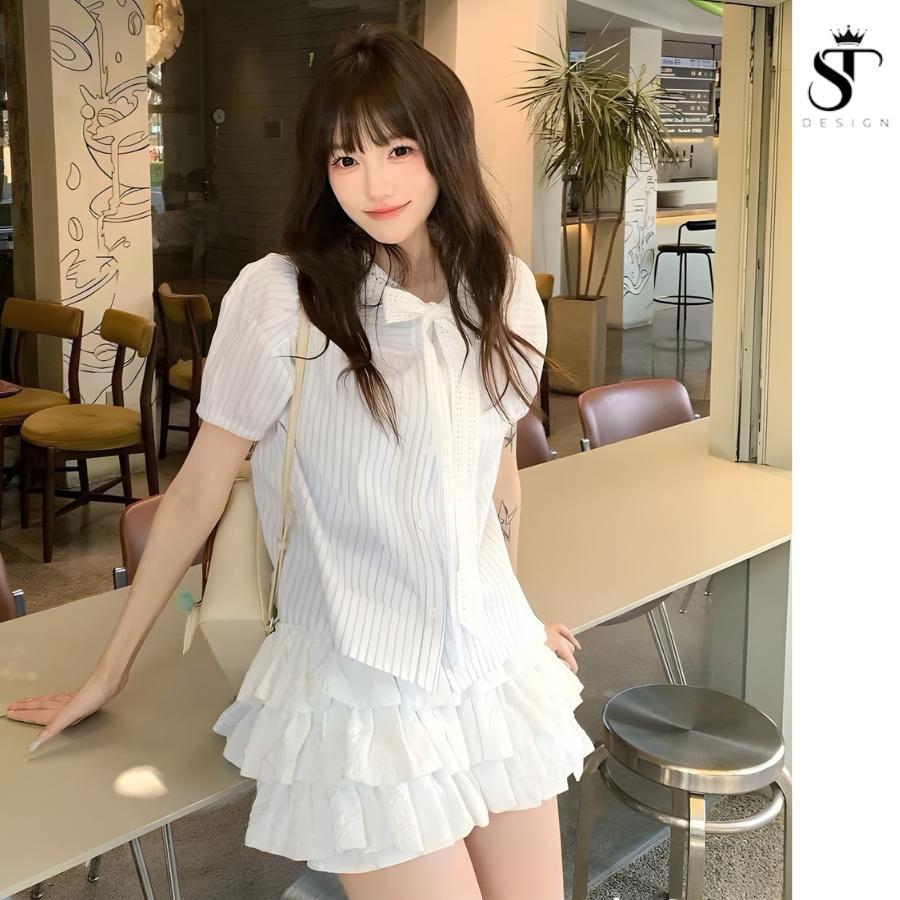 Áo sơ mi kẻ cộc tay hottrend nơ ren thêu chữ Andeardi - ST Design - k72