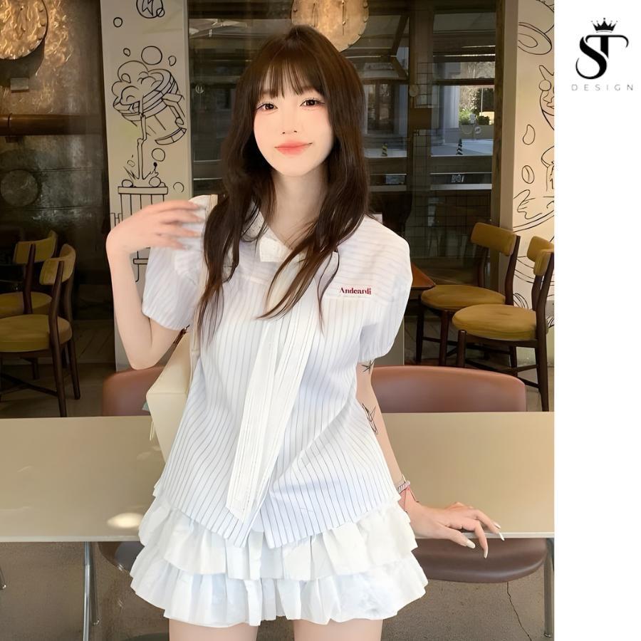 Áo sơ mi kẻ cộc tay hottrend nơ ren thêu chữ Andeardi - ST Design - k72