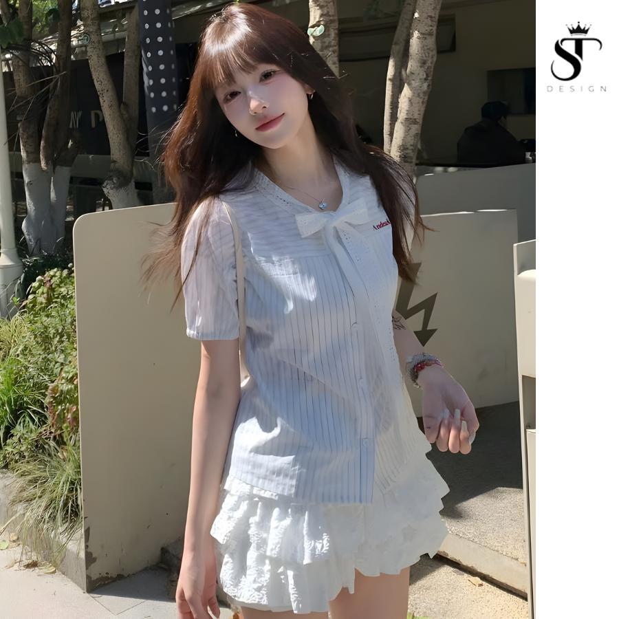 Áo sơ mi kẻ cộc tay hottrend nơ ren thêu chữ Andeardi - ST Design - k72