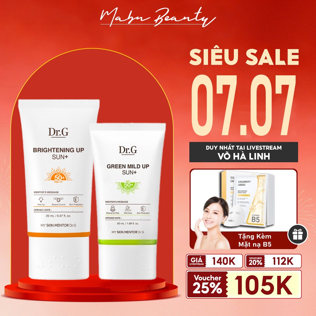 Kem Chống Nắng Dr G Brightening Up Sun SPF50 20ml Nâng Tông Kiềm Dầu tặng Kèm Quà