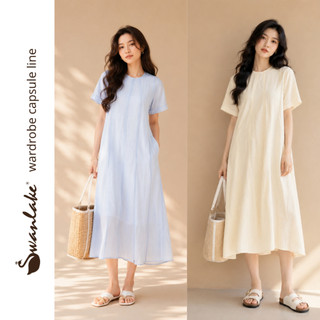 SWANLAKE | Váy Đầm Nữ Suông Trơn Basic Cổ Tròn Tay Ngắn Vải Tơ Mỹ Lót Cotton Có Túi D11530