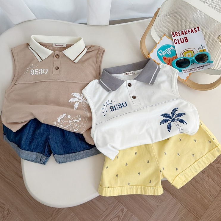 Set bộ polo cộc tay bé trai Miniumbaby hình cây dừa cute, chất vải áo cotton mềm mại, co giãn SB2796