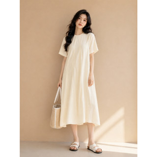 SWANLAKE | Váy Đầm Nữ Suông Trơn Basic Cổ Tròn Tay Ngắn Vải Tơ Mỹ Lót Cotton Có Túi D11530