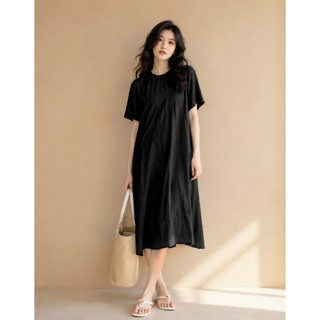 SWANLAKE | Váy Đầm Nữ Suông Trơn Basic Cổ Tròn Tay Ngắn Vải Tơ Mỹ Lót Cotton Có Túi D11530