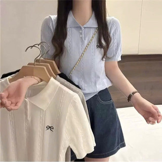 LT - Áo len nữ cộc tay cổ bẻ hoạ tiết nơ thêu xoắn thừng len mềm mỏng mát mặc bốn mùa free size 1015
