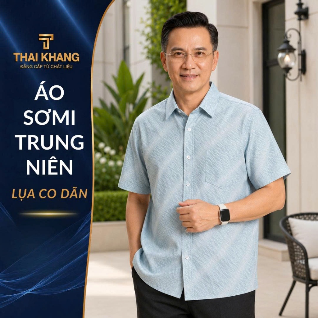 Áo Sơ Mi Nam Trung Niên Thái Khang Ngắn Tay – Vải Lụa Co Giãn Mát Nhẹ, Ít Nhăn, Form Rộng ATK64
