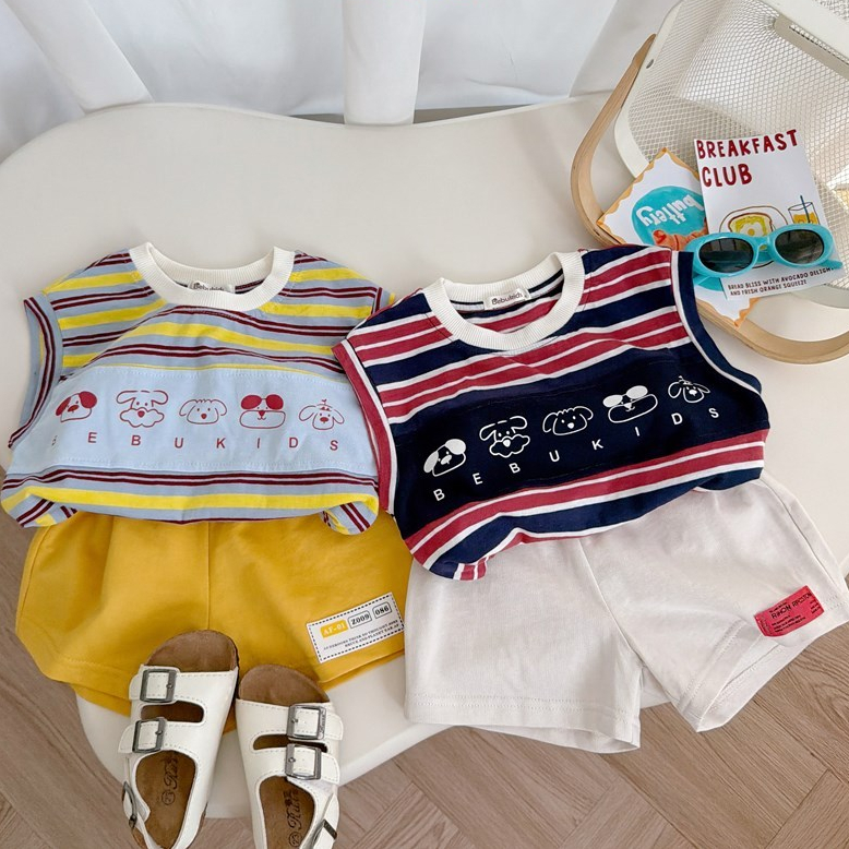 Set bộ cộc tay bé trai 1-6 tuổi Miniumbaby hoạ tiết kẻ cún dễ thương, chất vải cotton mềm mát SB2800