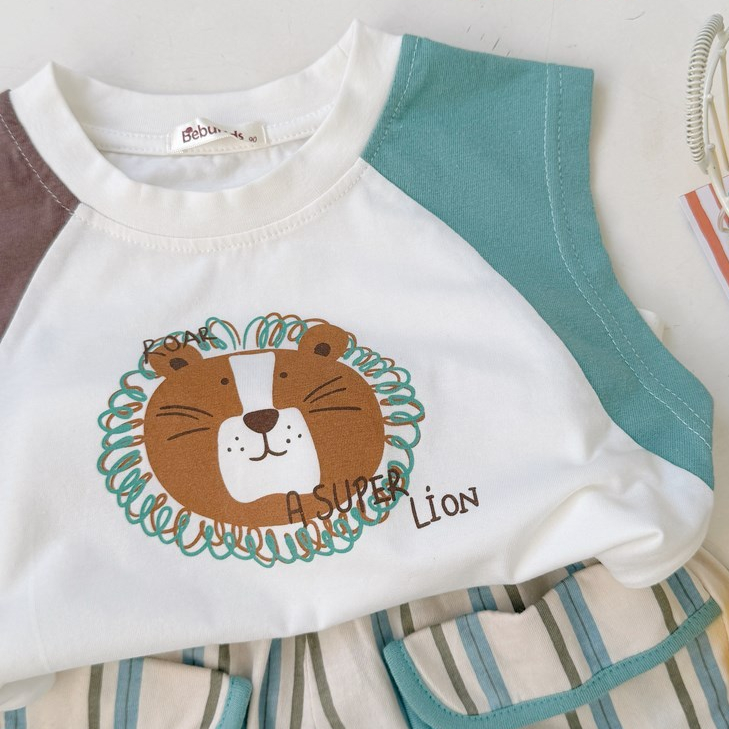 Set bộ cộc tay bé trai Miniumbaby hình sư tử chibi mix màu, chất vải áo cotton mềm thoáng mát SB2654