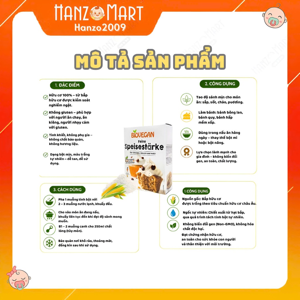Tinh Bột Bắp Hữu Cơ Biovegan Đức, Làm Bánh, Xúc Xích, Tạo Độ Sệt - mềm món ăn - hanzo2009
