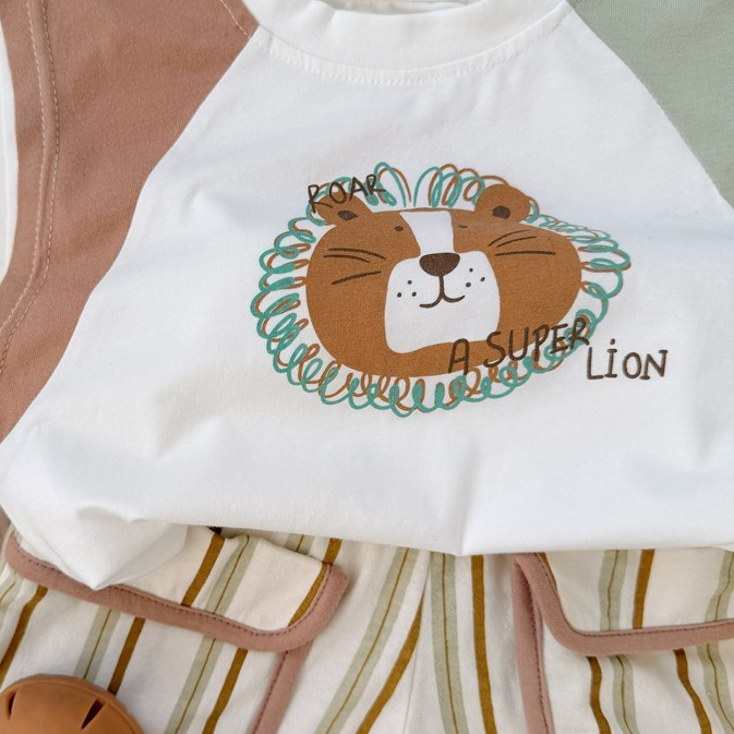 Set bộ cộc tay bé trai Miniumbaby hình sư tử chibi mix màu, chất vải áo cotton mềm thoáng mát SB2654
