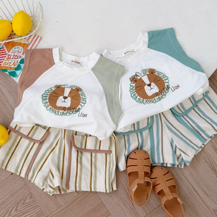 Set bộ cộc tay bé trai Miniumbaby hình sư tử chibi mix màu, chất vải áo cotton mềm thoáng mát SB2654
