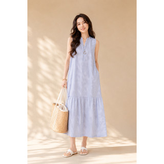 SWANLAKE | Váy Đầm Nữ Suông Đuôi Cá Sát Nách Cotton Sọc Cổ Trụ Xẻ V Cài Nút Đi Chơi Dạo Phố D13912
